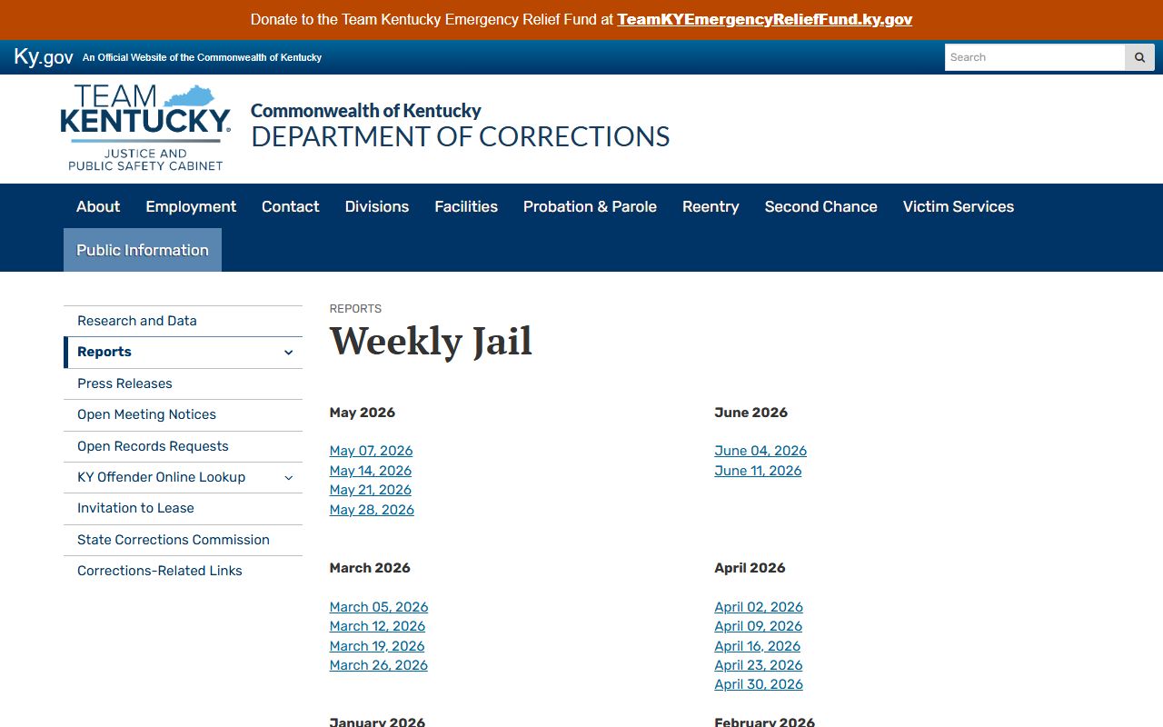 Meade County inmate population weekly jail archive from Kentucky DOC