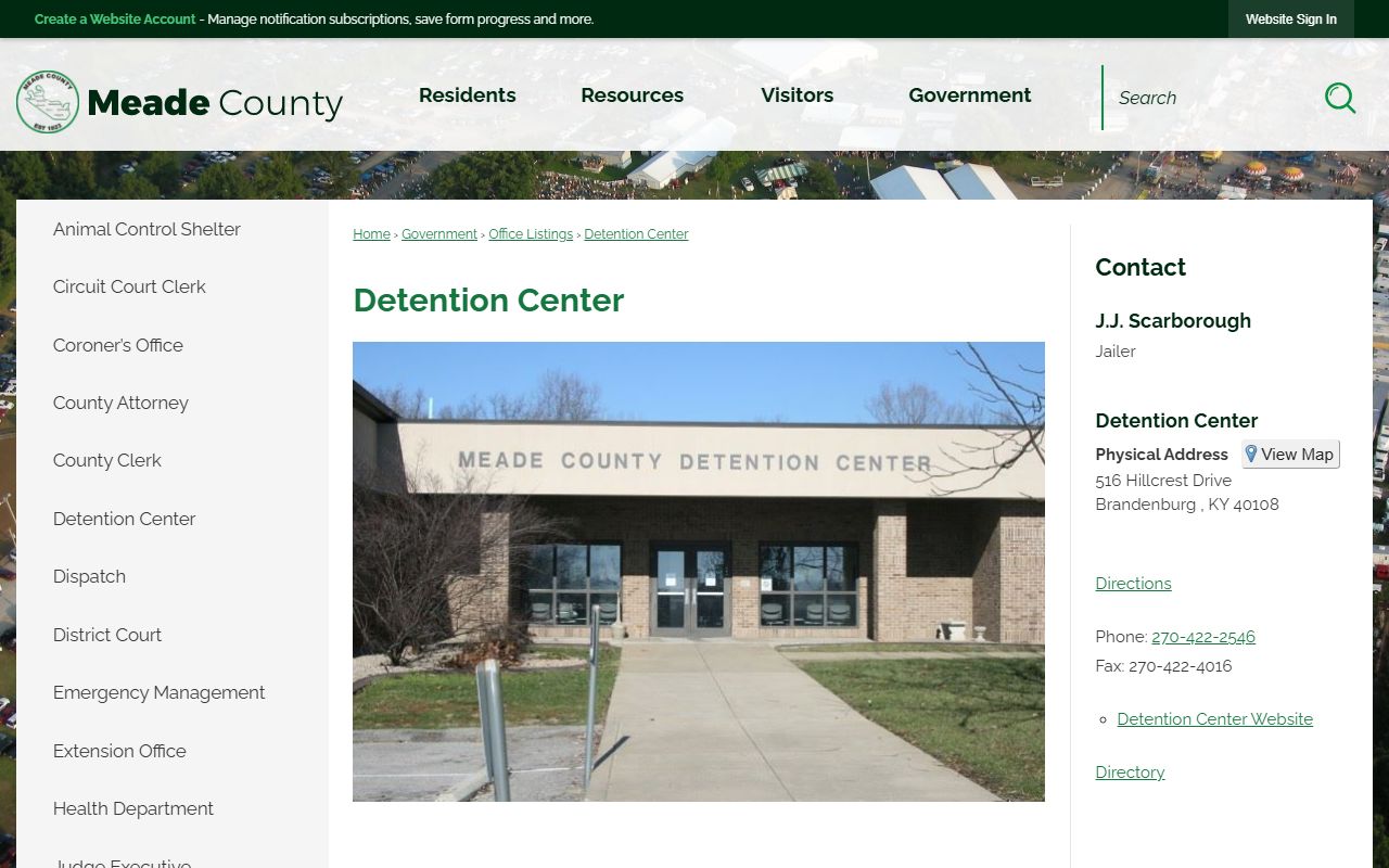 Official Meade County detention-center page with jailer and contact information